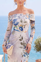 Load image into Gallery viewer, Grey Blue Flower Floral Sheath Long Sleeves Wedding Guest Dress with Slit