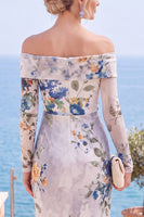 Load image into Gallery viewer, Grey Blue Flower Floral Sheath Long Sleeves Wedding Guest Dress with Slit