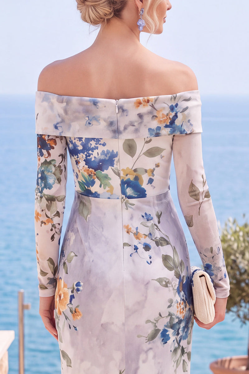 Load image into Gallery viewer, Grey Blue Flower Floral Sheath Long Sleeves Wedding Guest Dress with Slit
