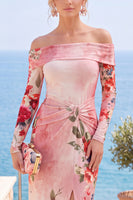 Load image into Gallery viewer, Grey Blue Flower Floral Sheath Long Sleeves Wedding Guest Dress with Slit