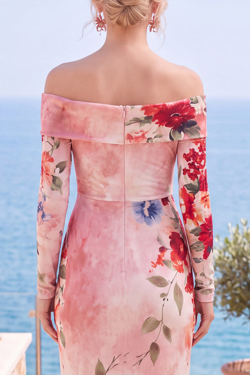 Load image into Gallery viewer, Grey Blue Flower Floral Sheath Long Sleeves Wedding Guest Dress with Slit