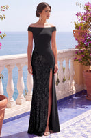Load image into Gallery viewer, Sparkly Burgundy Mermaid Off the Shoulder Sequins Long Wedding Guest Dress with Slit