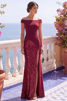 Load image into Gallery viewer, Sparkly Burgundy Mermaid Off the Shoulder Sequins Long Wedding Guest Dress with Slit