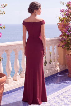 Sparkly Burgundy Mermaid Off the Shoulder Sequins Long Wedding Guest Dress with Slit
