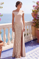Load image into Gallery viewer, Sparkly Burgundy Mermaid Off the Shoulder Sequins Long Wedding Guest Dress with Slit