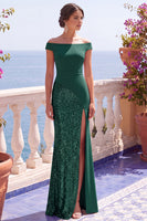 Load image into Gallery viewer, Sparkly Burgundy Mermaid Off the Shoulder Sequins Long Wedding Guest Dress with Slit