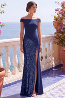 Load image into Gallery viewer, Sparkly Burgundy Mermaid Off the Shoulder Sequins Long Wedding Guest Dress with Slit