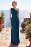Load image into Gallery viewer, Peacock Blue One Shoulder Sheath Ruched Long Wedding Guest Dress