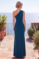 Load image into Gallery viewer, Peacock Blue One Shoulder Sheath Ruched Long Wedding Guest Dress