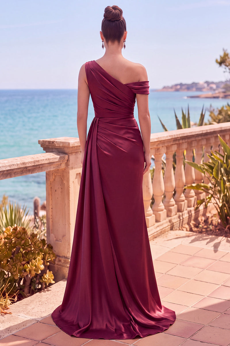 Load image into Gallery viewer, Grey Blue Satin One Shoulder Mermiad Long Wedding Guest Dress with Side Cape