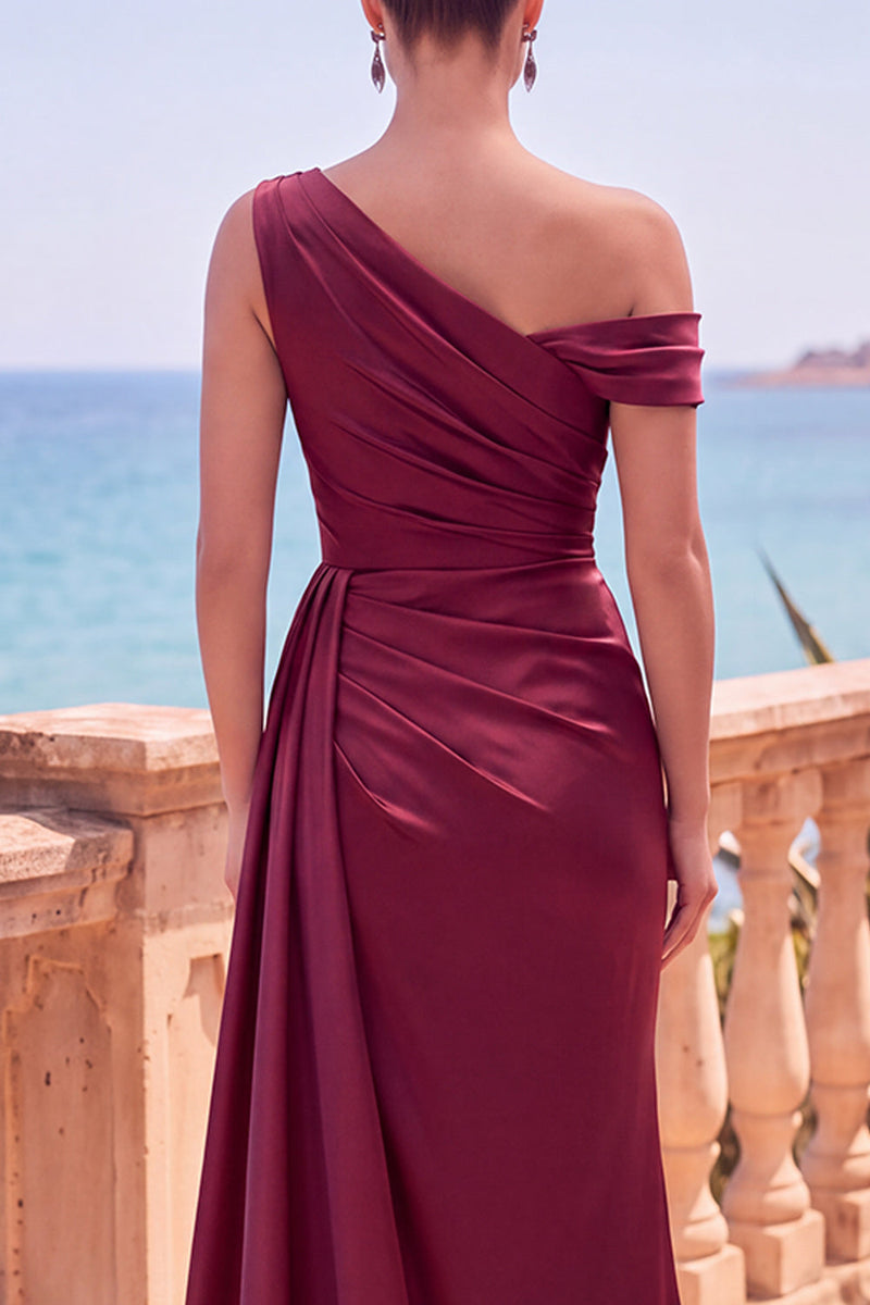 Load image into Gallery viewer, Grey Blue Satin One Shoulder Mermiad Long Wedding Guest Dress with Side Cape