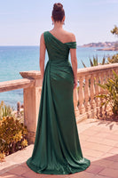Load image into Gallery viewer, Grey Blue Satin One Shoulder Mermiad Long Wedding Guest Dress with Side Cape