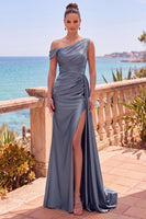 Load image into Gallery viewer, Grey Blue Satin One Shoulder Mermiad Long Wedding Guest Dress with Side Cape