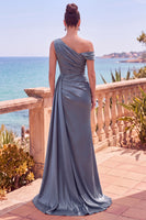 Load image into Gallery viewer, Grey Blue Satin One Shoulder Mermiad Long Wedding Guest Dress with Side Cape
