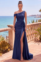 Load image into Gallery viewer, Grey Blue Satin One Shoulder Mermiad Long Wedding Guest Dress with Side Cape
