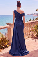 Load image into Gallery viewer, Grey Blue Satin One Shoulder Mermiad Long Wedding Guest Dress with Side Cape