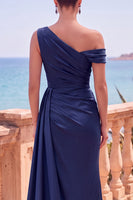 Load image into Gallery viewer, Grey Blue Satin One Shoulder Mermiad Long Wedding Guest Dress with Side Cape