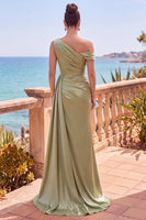 Load image into Gallery viewer, Grey Blue Satin One Shoulder Mermiad Long Wedding Guest Dress with Side Cape