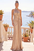 Load image into Gallery viewer, Champagne Mermaid Metallic Hight Neck Ruched Long Wedding Guest Dress
