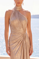 Load image into Gallery viewer, Champagne Mermaid Metallic Hight Neck Ruched Long Wedding Guest Dress