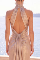 Load image into Gallery viewer, Champagne Mermaid Metallic Hight Neck Ruched Long Wedding Guest Dress