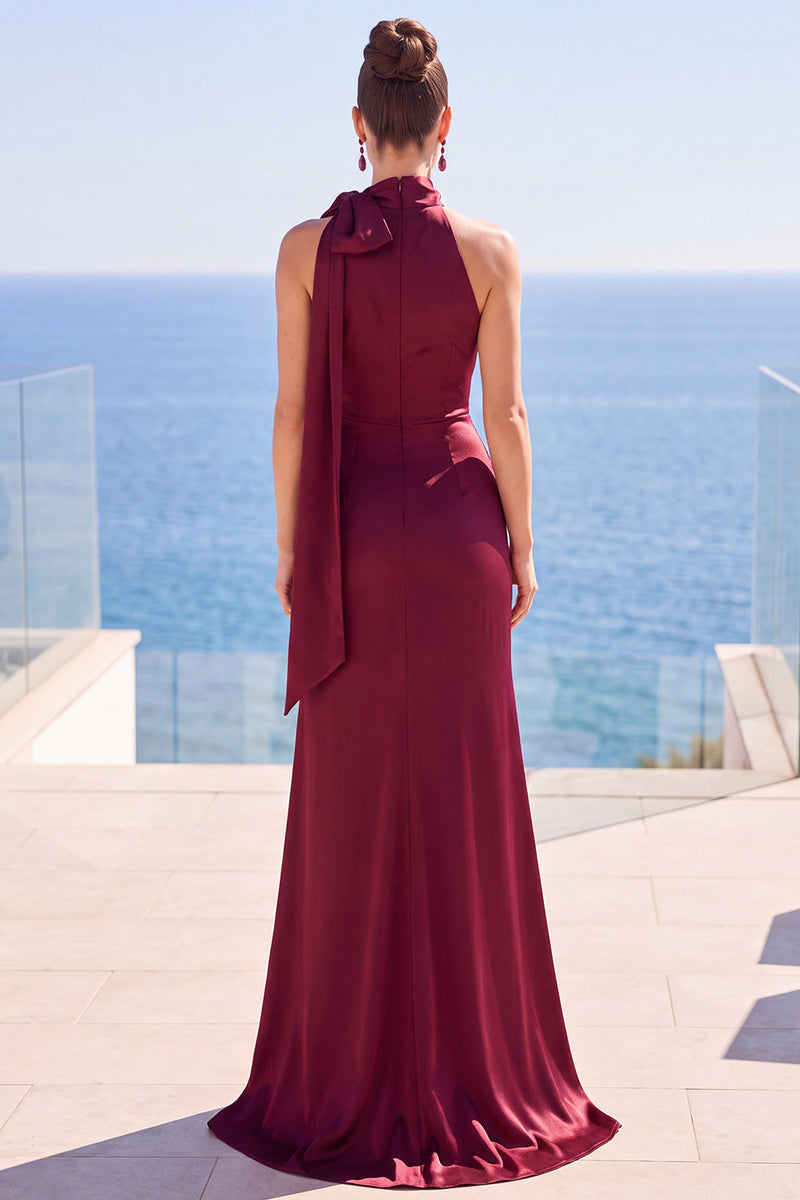 Load image into Gallery viewer, Burgundy Satin High Neck Sheath Long Wedding Guest Dress with Slit