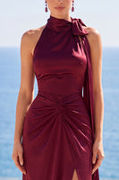 Load image into Gallery viewer, Burgundy Satin High Neck Sheath Long Wedding Guest Dress with Slit