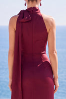 Load image into Gallery viewer, Burgundy Satin High Neck Sheath Long Wedding Guest Dress with Slit