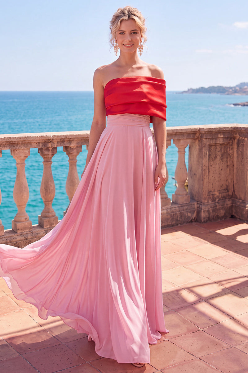 Load image into Gallery viewer, Pink A Line Chiffon Patchwork One Shoulder Long Wedding Guest Dress