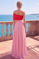 Load image into Gallery viewer, Pink A Line Chiffon Patchwork One Shoulder Long Wedding Guest Dress