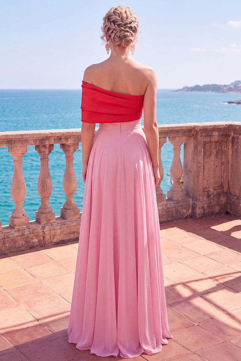 Load image into Gallery viewer, Pink A Line Chiffon Patchwork One Shoulder Long Wedding Guest Dress