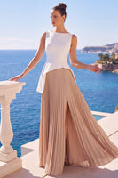 Load image into Gallery viewer, White Champagne Pleated Boat Neck Long Wedding Guest Dress with Slit