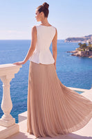 Load image into Gallery viewer, White Champagne Pleated Boat Neck Long Wedding Guest Dress with Slit
