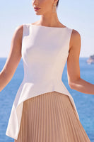 Load image into Gallery viewer, White Champagne Pleated Boat Neck Long Wedding Guest Dress with Slit