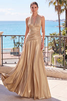 Load image into Gallery viewer, Blue Metallic Halter A-Line Ruched Backless Long Wedding Guest Dress