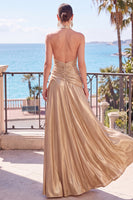 Load image into Gallery viewer, Blue Metallic Halter A-Line Ruched Backless Long Wedding Guest Dress