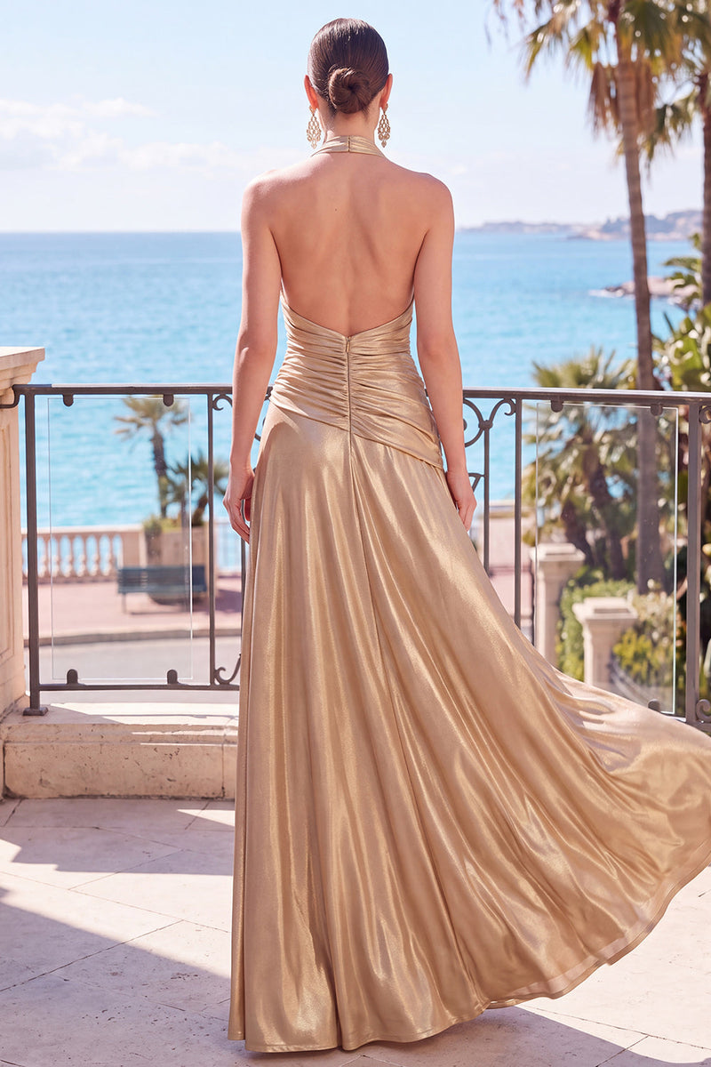 Load image into Gallery viewer, Blue Metallic Halter A-Line Ruched Backless Long Wedding Guest Dress