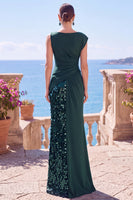 Load image into Gallery viewer, Sparkly Dark Green Sequin Mermaid Bateau Neck Long Wedding Guest Dress with Slit