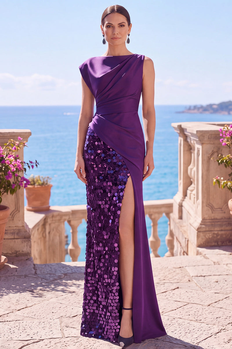 Load image into Gallery viewer, Sparkly Dark Green Sequin Mermaid Bateau Neck Long Wedding Guest Dress with Slit