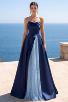 Load image into Gallery viewer, Sparkly Navy A-Line Ruched Satin Strapless Long Wedding Guest Dress