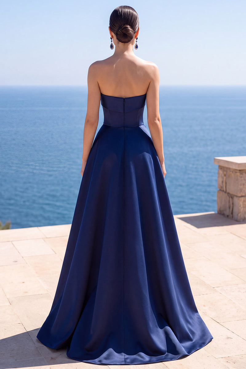 Load image into Gallery viewer, Sparkly Navy A-Line Ruched Satin Strapless Long Wedding Guest Dress