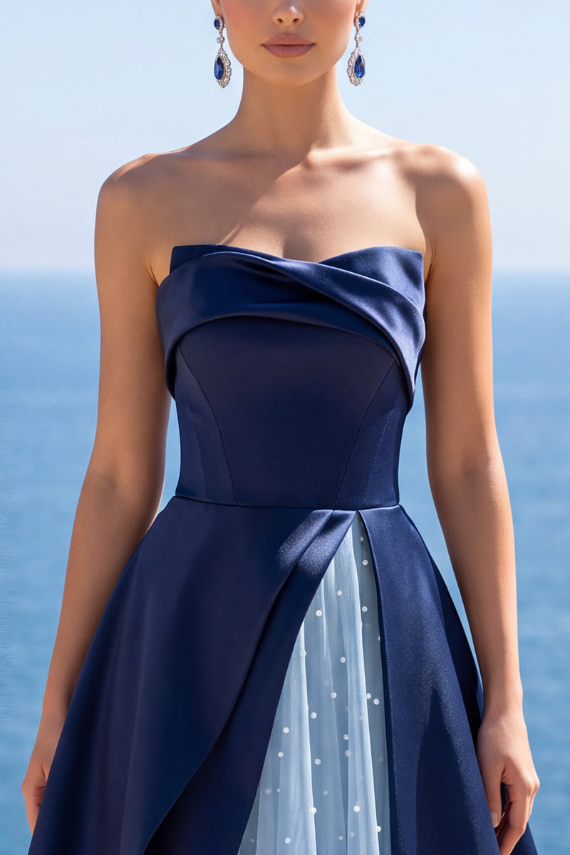 Load image into Gallery viewer, Sparkly Navy A-Line Ruched Satin Strapless Long Wedding Guest Dress