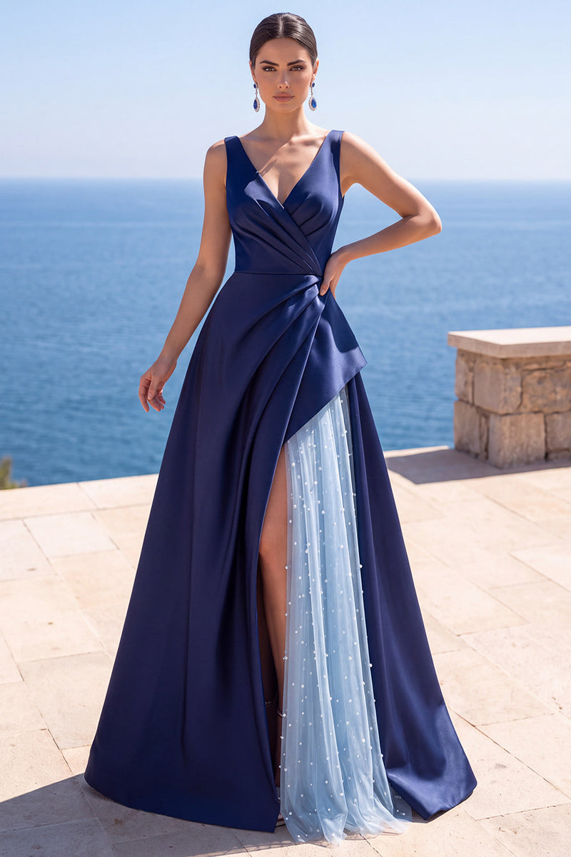 Load image into Gallery viewer, Sparkly Pink A Line V-Neck Ruched Satin Long Wedding Guest Dress