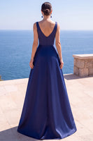 Load image into Gallery viewer, Sparkly Pink A Line V-Neck Ruched Satin Long Wedding Guest Dress