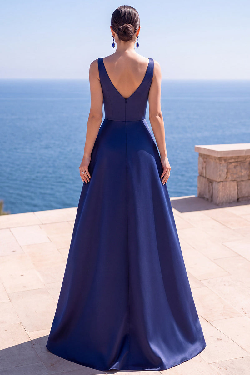 Load image into Gallery viewer, Sparkly Pink A Line V-Neck Ruched Satin Long Wedding Guest Dress