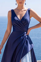 Load image into Gallery viewer, Sparkly Pink A Line V-Neck Ruched Satin Long Wedding Guest Dress
