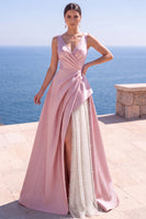 Load image into Gallery viewer, Sparkly Pink A Line V-Neck Ruched Satin Long Wedding Guest Dress