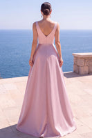 Load image into Gallery viewer, Sparkly Pink A Line V-Neck Ruched Satin Long Wedding Guest Dress