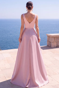 Sparkly Pink A Line V-Neck Ruched Satin Long Wedding Guest Dress