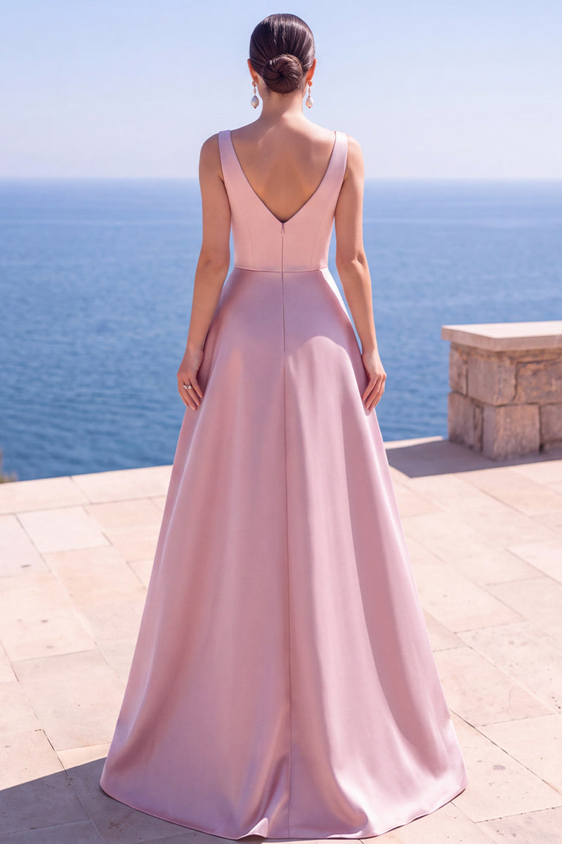 Load image into Gallery viewer, Sparkly Pink A Line V-Neck Ruched Satin Long Wedding Guest Dress